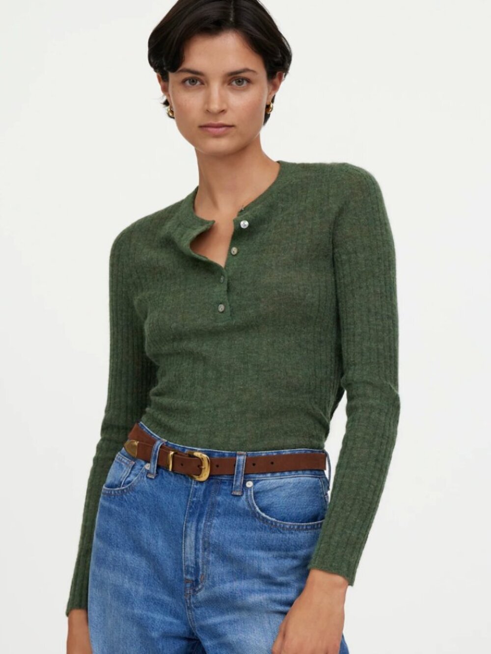 Madewell Alpaca-Blend Henley Slim Fit Ribbed Sweater Heather Basil Green, Small
